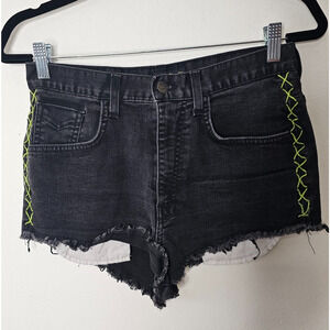 Vans Jesse Jo Black Distressed Raw Hem High Waist Short Lime-Green Side Stitch 9